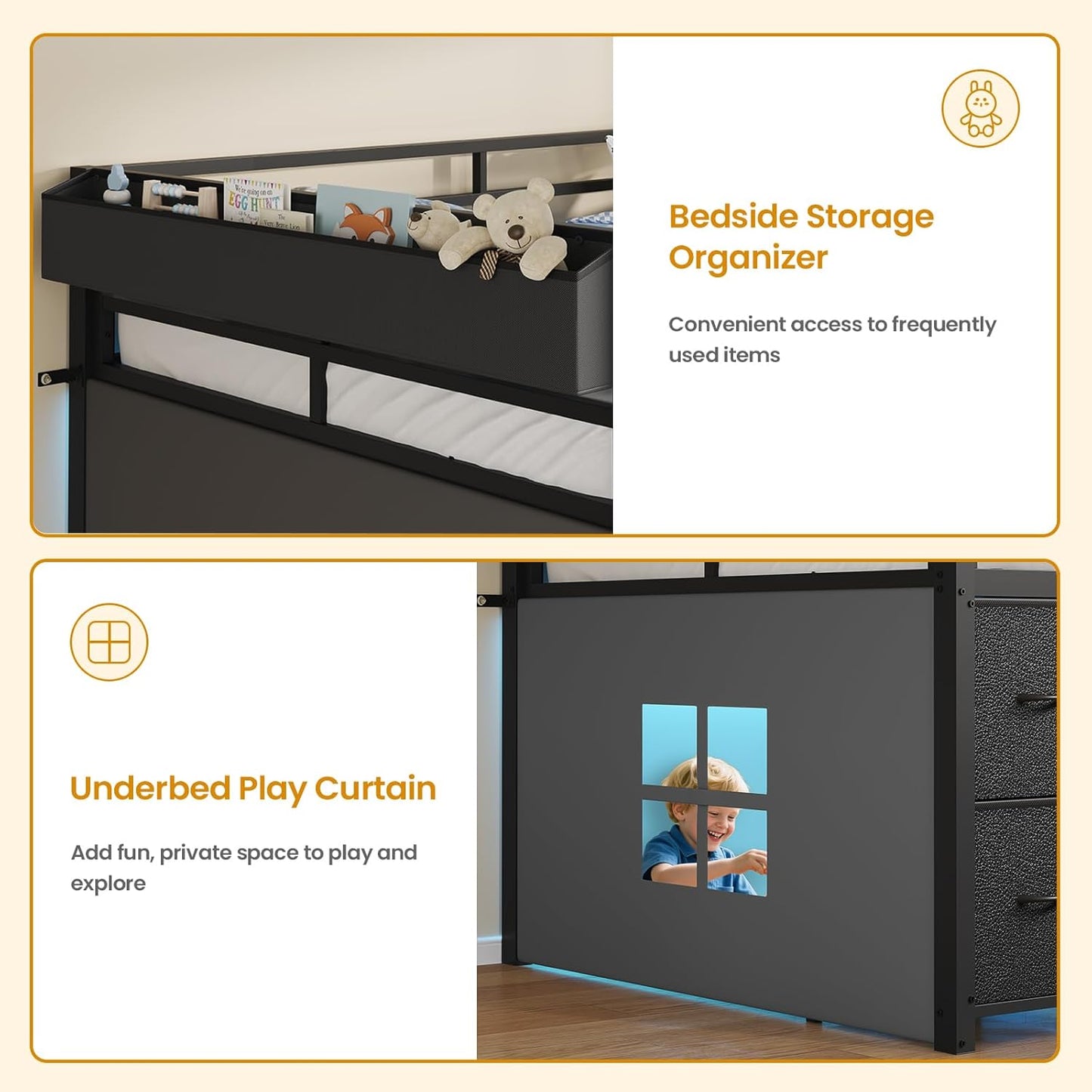 Low Loft Bed Twin Size with 7 Storage Drawers, Bookcase and LED Lights, Metal Kids Loft Bed with 14" H Safety Guardrail,Inclined Ladder and Play Curtain, Under-Bed Play Space, Black