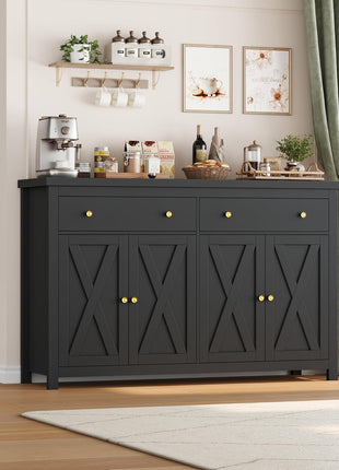 55-Inch Sideboard Buffet Cabinet with Storage Solutions, Including 2 Drawers and 4 Doors, Wood Coffee Bar Buffet Table for Kitchen and Dining Room in Black Finish