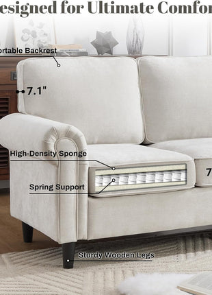 Mid-Century Modern 3-Seater Sofa with Rolled Arms and Deep Cushions, Beige, Ideal for Living Rooms and Apartments, Easy Assembly