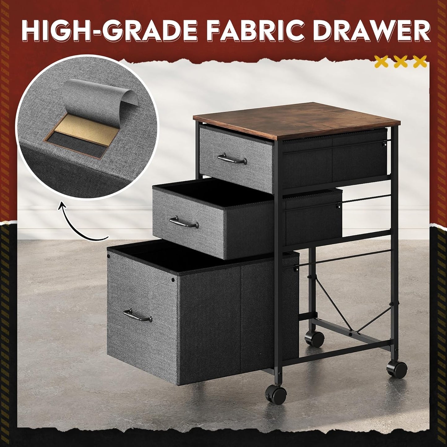 Mobile File Cabinet, Rolling Printer Stand with 3 Drawers, Fabric Vertical Filing Cabinet Fits A4 or Letter Size for Home Office, Rustic Brown