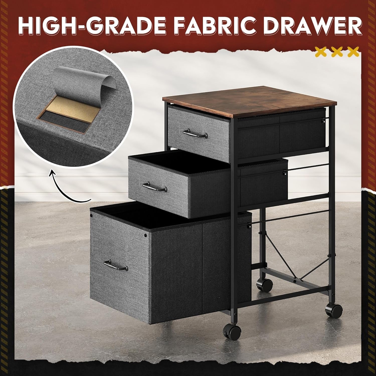 Mobile File Cabinet, Rolling Printer Stand with 3 Drawers, Fabric Vertical Filing Cabinet Fits A4 or Letter Size for Home Office, Rustic Brown