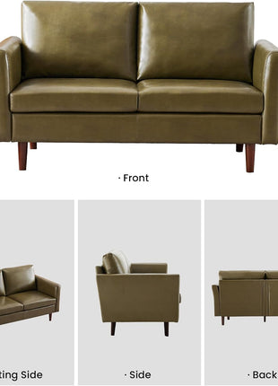 Mid-Century Modern Olive Green Faux Leather 3-Piece Sofa Set with Rolled Arms and Deep Seats, Ideal for Living Rooms and Apartments, Easy Assembly