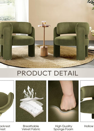 Set of 2 Contemporary Velvet Upholstered Barrel Accent Chairs, Comfortable Side Arm Chairs with Three Legs for Living Room and Bedroom, Green
