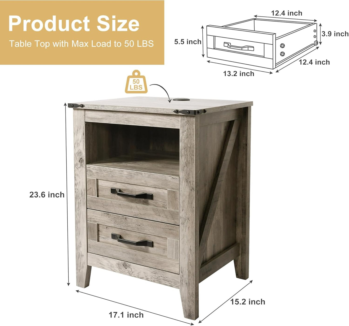 4PCS Farmhouse Dresser Set, Dresser and Nightstand Sets, Rustic Wooden Dresser Set. Including 6 Drawer Dresser & 4 Drawer Dresser & 2 Drawer Nightstand Set of 2 with USB. Light Rustic Oak