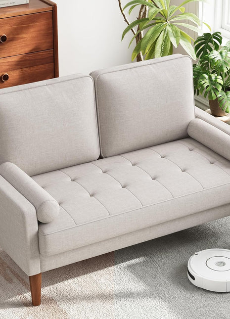 Mid-Century Modern Loveseat Sofa with Solid Wood Legs, 48" Small Couch for Living Room or Bedroom, Easy Assembly with Throw Pillow, Ashbeige