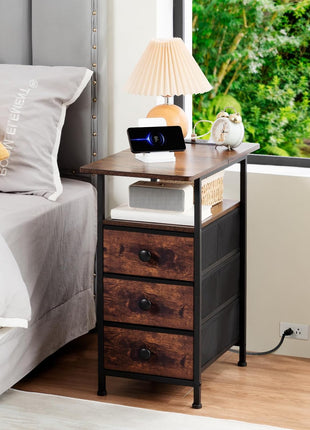 Rustic Brown End Table with Integrated Charging Station, Slim Nightstand with USB Ports and Outlets, Compact Side Table with Three Fabric Drawers for Limited Spaces, Model HETN013BR-1