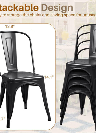 Stackable Metal Dining Chairs for Indoor and Outdoor Use - Set of 4 Classic Trattoria Bistro Cafe Chairs in Black