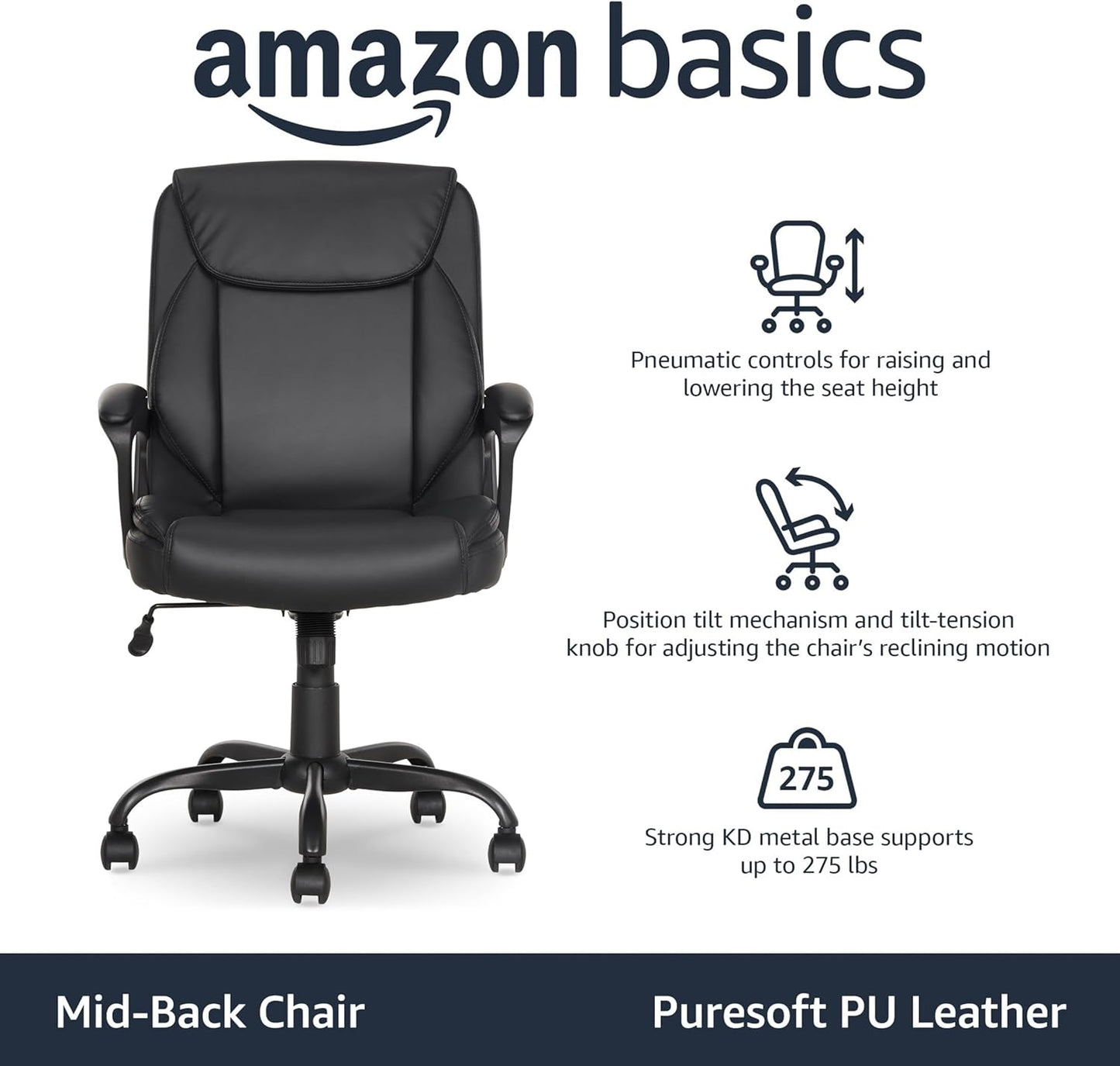Classic Puresoft PU Padded Mid-Back Height Adjustable Office Computer Desk Chair with Armrest, 26"D X 23.75"W X 42"H, Black