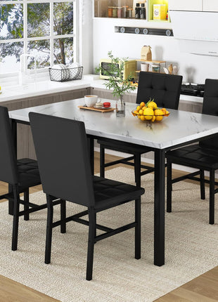 Contemporary Faux Marble Dining Table Set for Four with Leather Chairs - Stylish Kitchen Furniture for Compact Spaces (White & Black)
