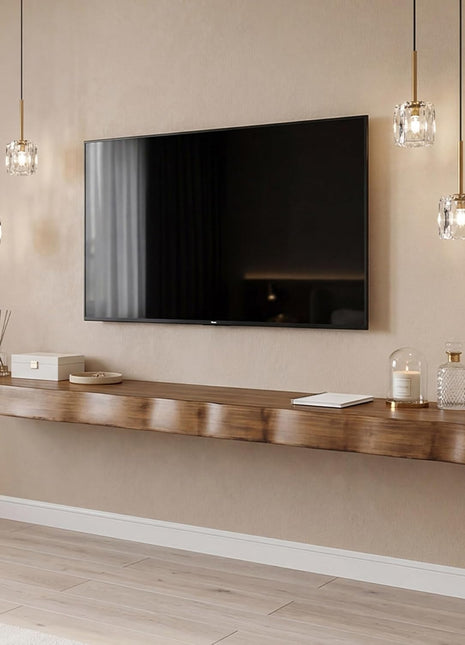 Floating TV Stand for TVs up to 65", Solid Wood Wall-Mounted Media Console, Mid-Century Modern Entertainment Center, 62.99" L x 13.78" W, Brown Finish