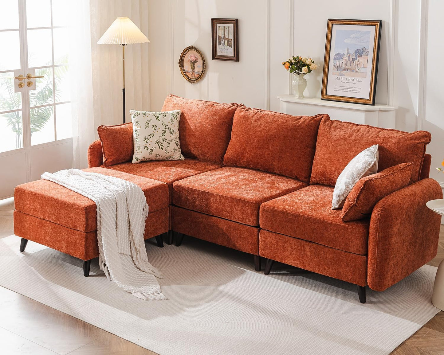 104'' Modular Sectional Sofa with All Seats Storage, Oversized L Shaped Couch for Living Room,3-Seater Comfy Cloud Couches with Movable Ottoman,Big Sectional for Bedroom,Velet,Orange