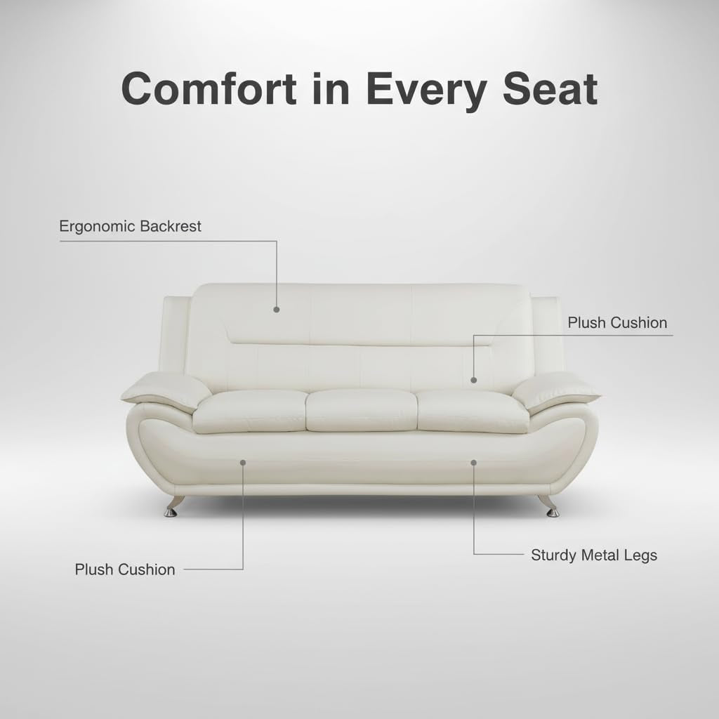 3-Piece Living Room Furniture, Modern White Faux Leather Sofa Set with Sturdy Metal Legs, (3-Seat Sofa + Loveseat + Armchair), Easy Assembly