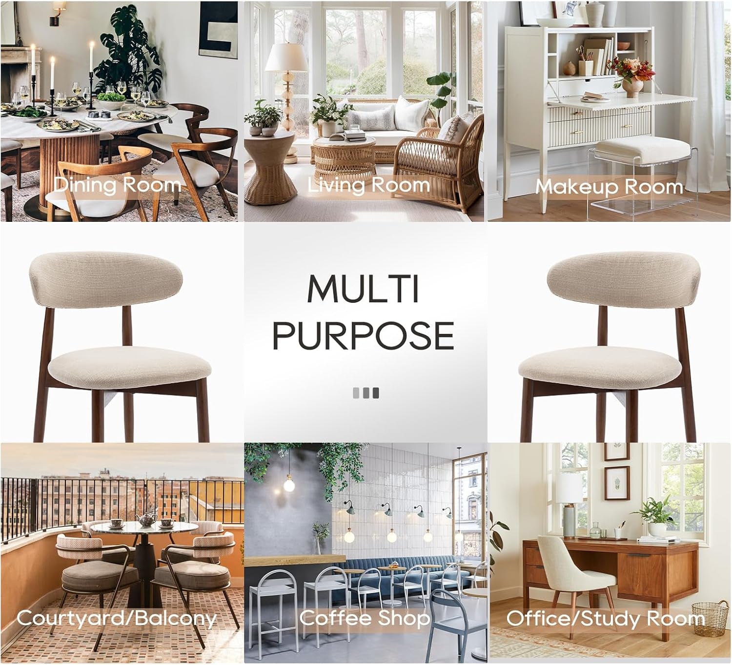 Wooden Dining Chairs Set of 4, Modern Fabric Upholstered Kitchen Side Chairs, Farmhouse Dining Room Chair with Foot Pegs, Beige