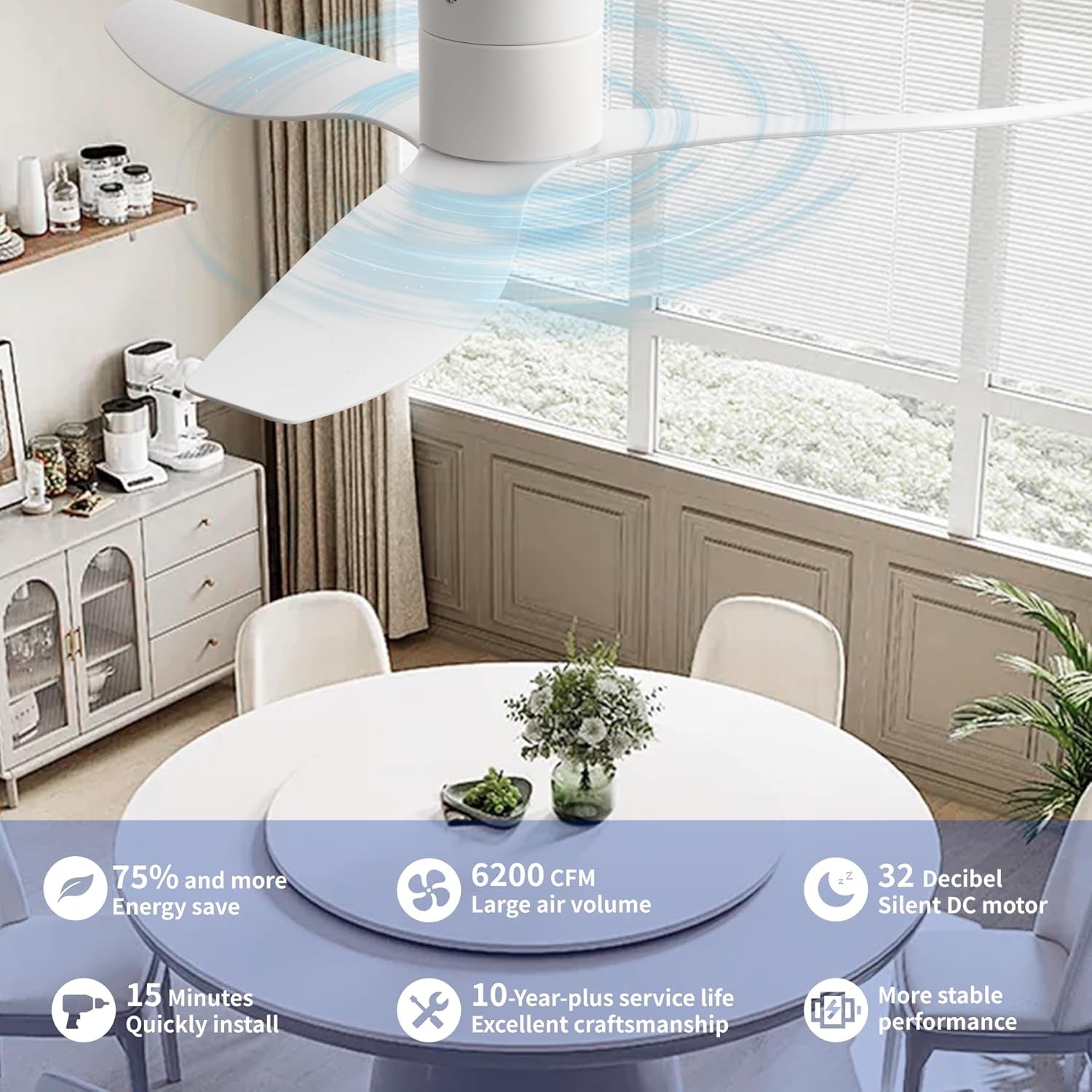 52-Inch White Ceiling Fan without Light, Modern Low-Profile Flush Mount Fan with Remote, 6-Speed Reversible Quiet DC Motor,For Balcony, Living Room, Bedroom (No Light)