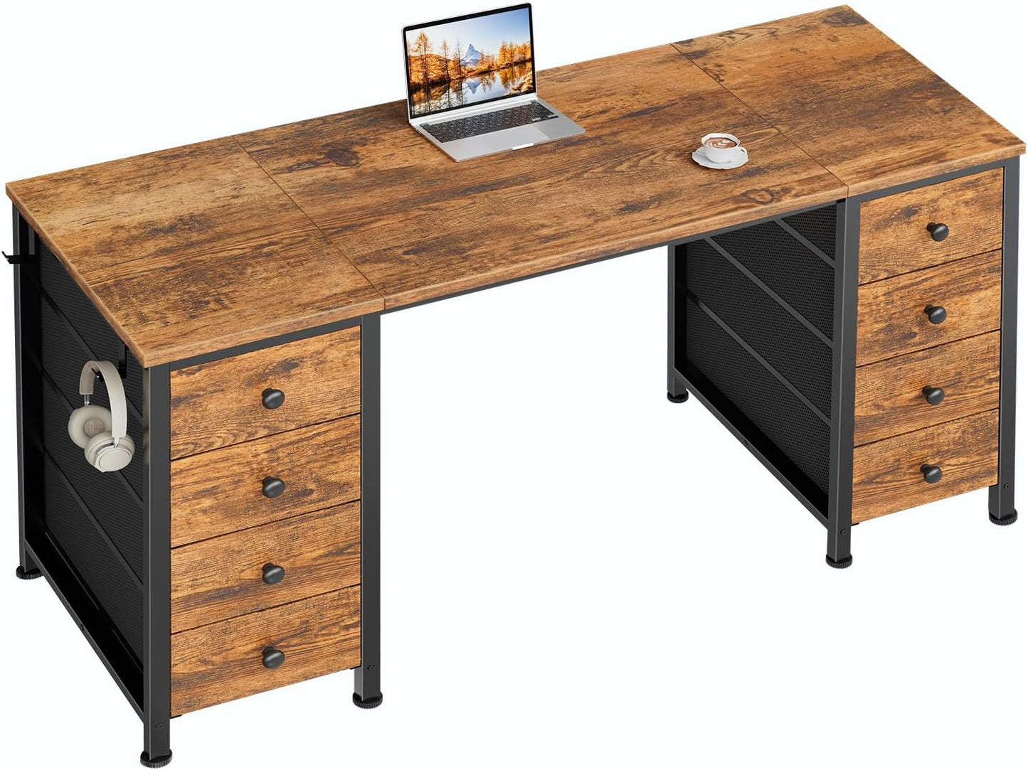 Office Desk with Fabric Drawers on Both Sides, 47 Inch Home Office Desk with 8 Fabric Drawers, Writing Study Work Computer PC Desks with Storage for Bedroom, Rustic Brown