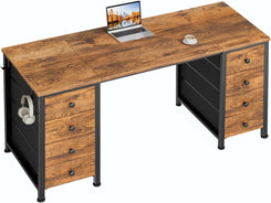 Office Desk with Fabric Drawers on Both Sides, 47 Inch Home Office Desk with 8 Fabric Drawers, Writing Study Work Computer PC Desks with Storage for Bedroom, Rustic Brown