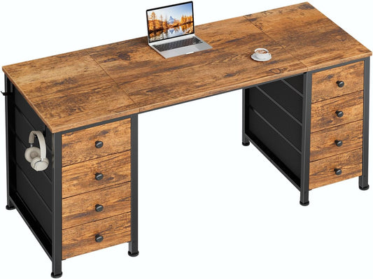 Office Desk with Fabric Drawers on Both Sides, 47 Inch Home Office Desk with 8 Fabric Drawers, Writing Study Work Computer PC Desks with Storage for Bedroom, Rustic Brown