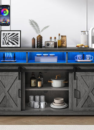 Rustic Farmhouse Coffee Bar Cabinet with Integrated Power Outlet, Wooden Sideboard Buffet Storage for Dining and Living Areas, Weathered Grey Finish
