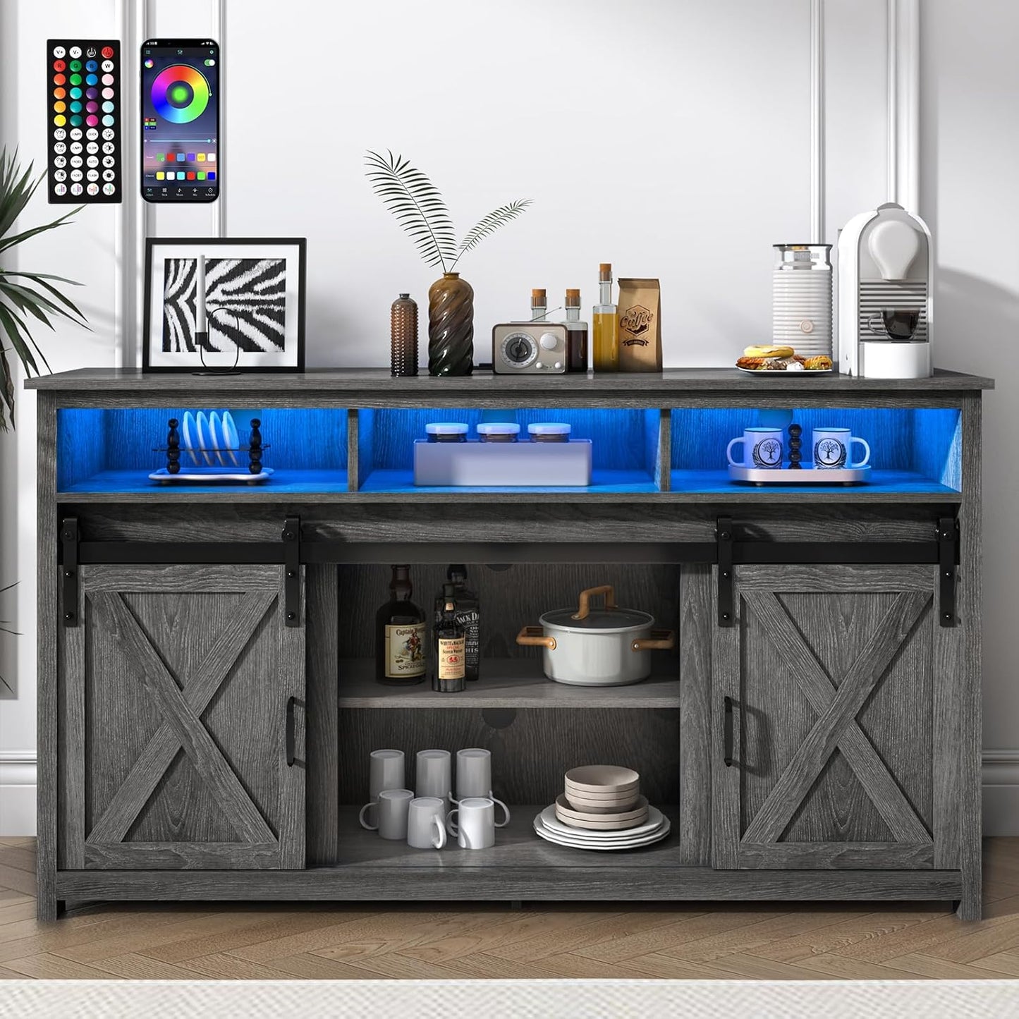 Farmhouse Coffee Bar Cabinet with Power Outlet, Rustic Sideboard Buffet Storage Cabinet with Storage, Wood Serving Table Cupboard for Dining Room, Living Room, Wash Grey