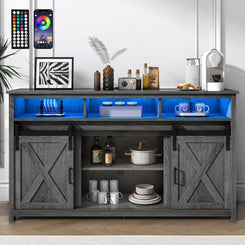 Farmhouse Coffee Bar Cabinet with Power Outlet, Rustic Sideboard Buffet Storage Cabinet with Storage, Wood Serving Table Cupboard for Dining Room, Living Room, Wash Grey