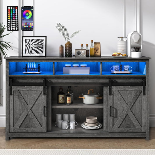 Farmhouse Coffee Bar Cabinet with Power Outlet, Rustic Sideboard Buffet Storage Cabinet with Storage, Wood Serving Table Cupboard for Dining Room, Living Room, Wash Grey