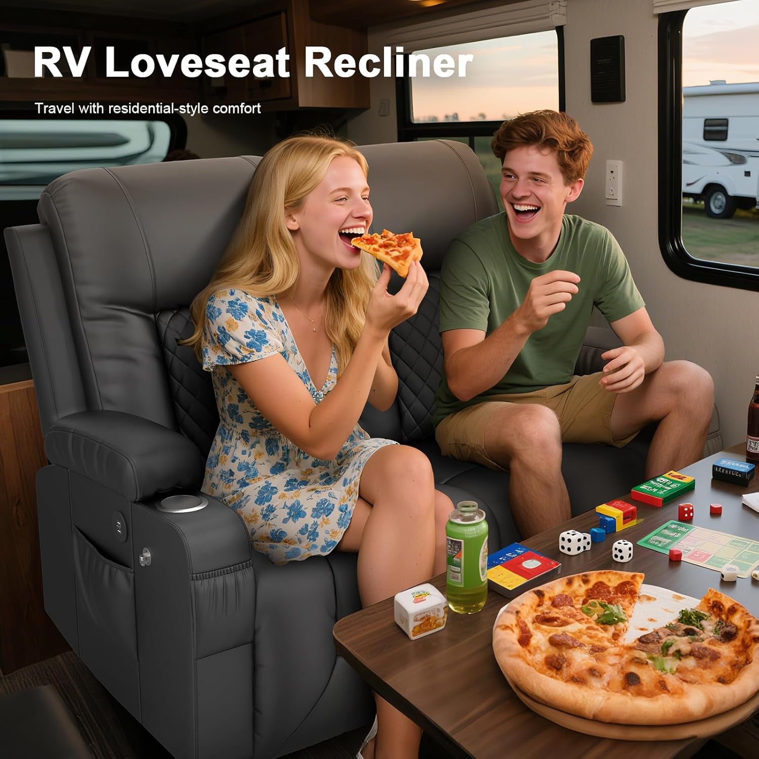 RV Loveseat Recliner Sofa, Reclining Loveseat Wall Hugger Recliners with USB Ports, Cup Holders, Insert Pockets, RV Recliners for Travel Trailers & Living Room, RV Furniture | RV Couch | Gray