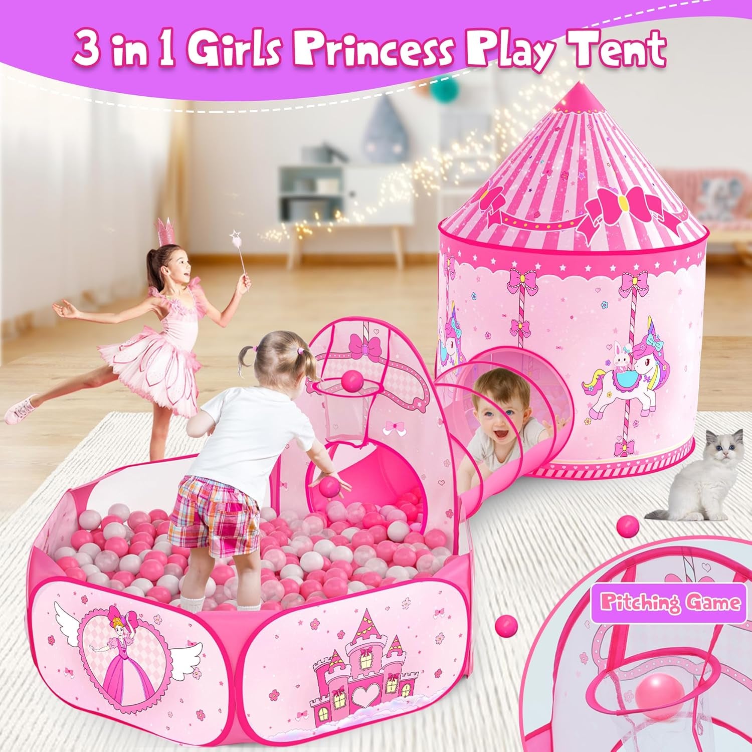 3 in 1 Girls Princess Play Tent for Kids: Pop up Toddlers Playhouse with Baby Crawl Tunnel, Ball Pit and Castle Tent - Pink Children Play Tent Toys Indoor and Outdoor Game for Birthday Gift