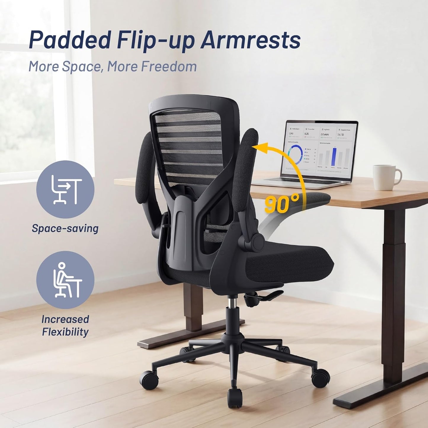 Office Desk Chair for Long Hours & Lower Back Pain Relief – 4“ Thick Molded Foam Cushion, Enhanced Lumbar Support, Padded Flip-Up Armrests, New Year Workspace Upgrade, Black