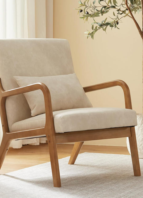 Mid-Century Modern Accent Chair with Lumbar Support, Wooden Legs, and PU Leather Upholstery for Enhanced Comfort in Living Room and Bedroom