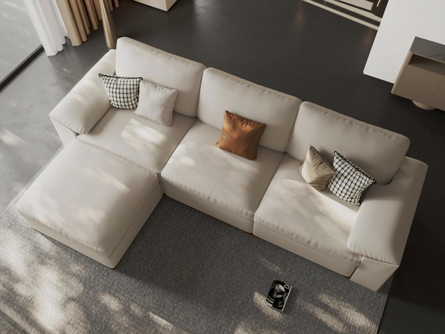 Leather Sectional Couch, Oversized Modular Sectional Sofas, Wide Deep Seat Modular Couch, Scratch Resistant Faux Leather Material, L Shaped Sofa for Big Spaces, Beige