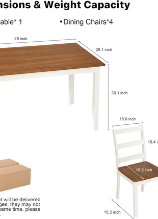 5-Piece Solid Wood Dining Table Set for Four - Farmhouse Rectangular Design, Space-Saving Solution for Dining Room, Office, Terrace, and Courtyard in White Finish