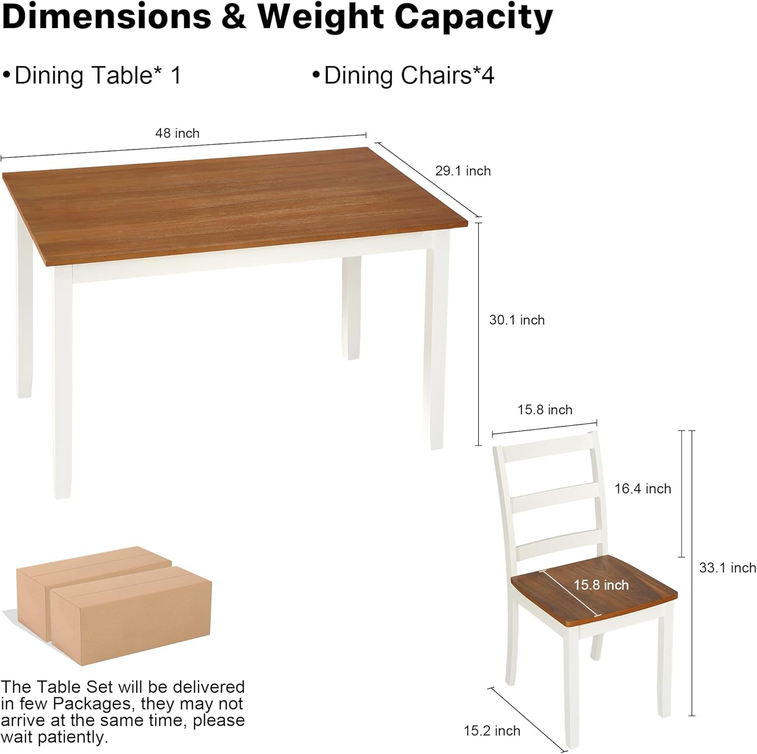 5-Piece Solid Wood Table Set, Dining Table Set for 4, Farmhouse Rectangular Kitchen Table, Space-Saving Dinette Table Set for Dining Room, Office, Terrace, Courtyard - White