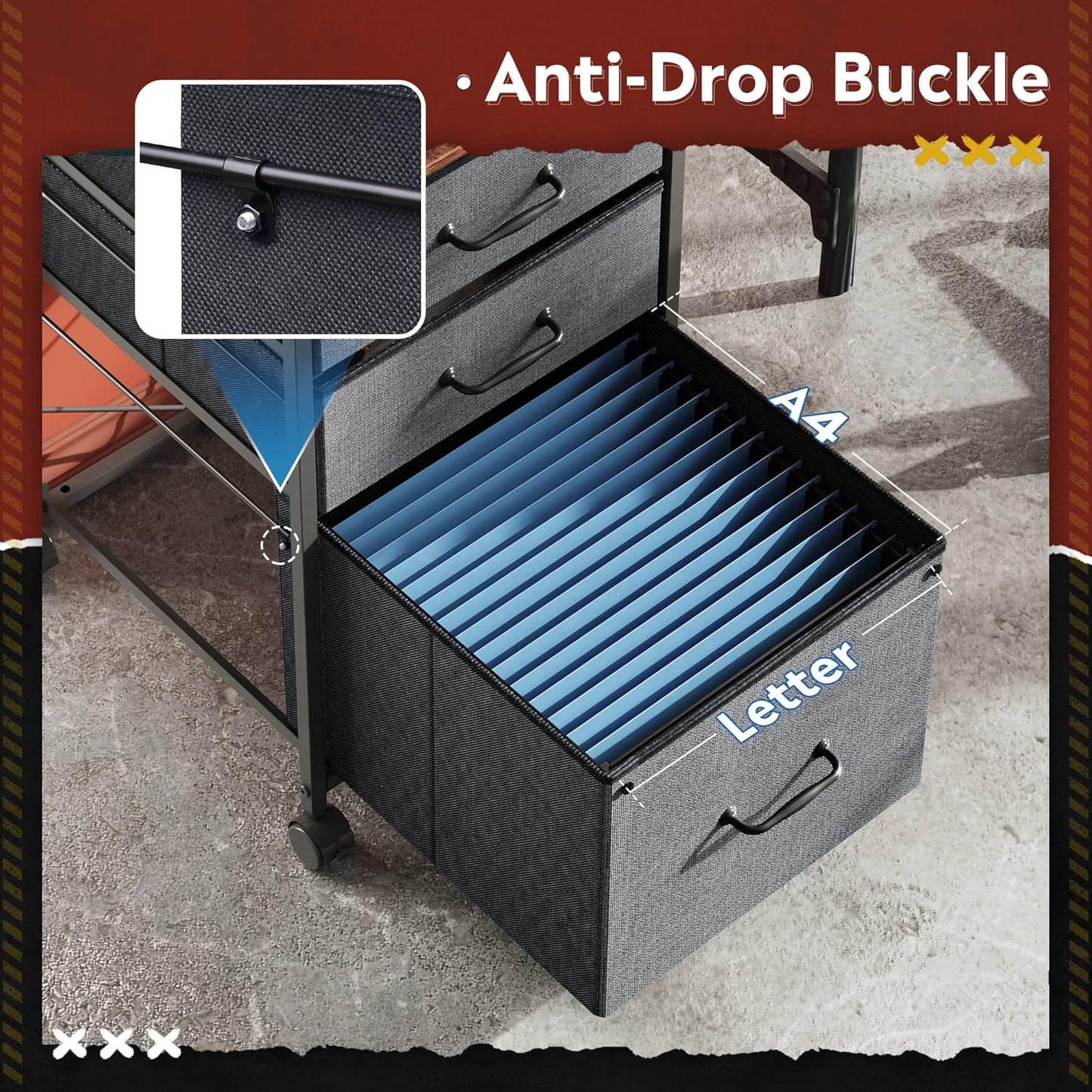 Mobile File Cabinet, Rolling Printer Stand with 3 Drawers, Fabric Vertical Filing Cabinet Fits A4 or Letter Size for Home Office, Rustic Brown