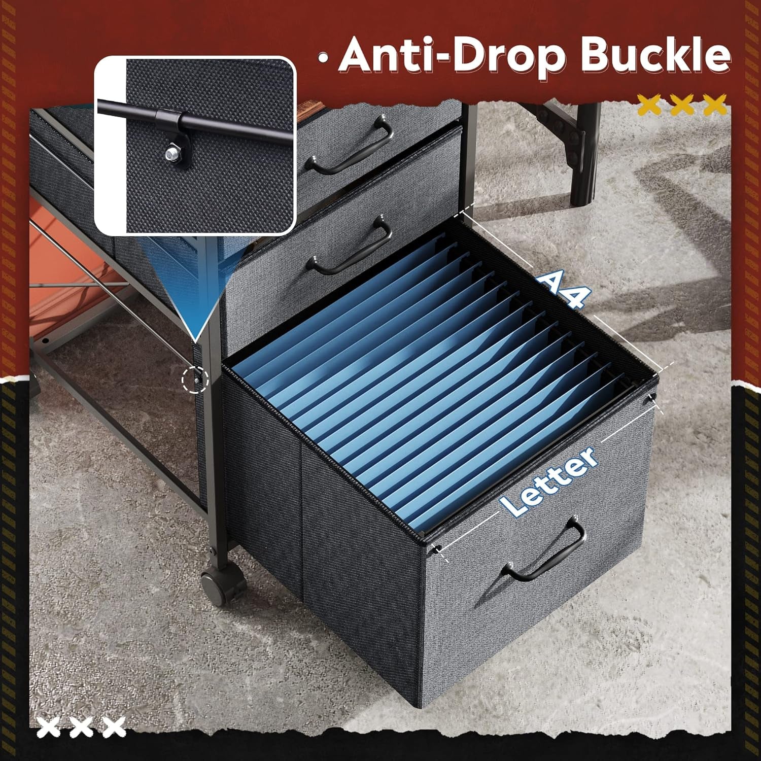 Mobile File Cabinet, Rolling Printer Stand with 3 Drawers, Fabric Vertical Filing Cabinet Fits A4 or Letter Size for Home Office, Rustic Brown