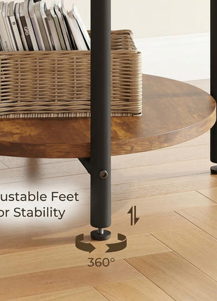 Round End Table with Integrated Charging Station, 15.8" Industrial 2-Tier Nightstand for Compact Spaces, Rustic Brown Finish, 77 lbs Load Capacity
