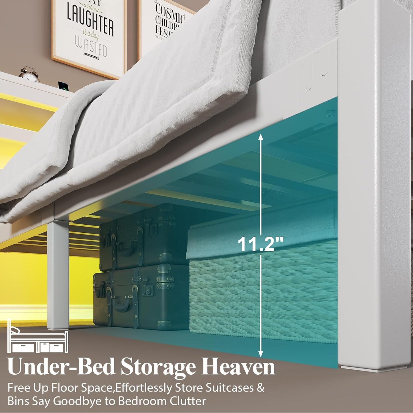 Full Size Bed Frame with Storage Headboard, Industrial Platform Bed with Charging Station and LED Lights,Underbed Storage Space, No Box Spring Needed, Easy Assembly, White