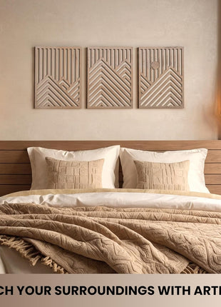 Contemporary Wooden Wall Sculptures Set of 3 - Decorative Accents for Living Room, Bedroom, and Office - Large Art Pieces with Easy Installation (Oak, Medium - Mountain and Sun)