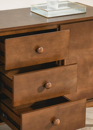 47.3" Mid-Century Modern Sideboard Buffet Cabinet with Solid Wood Frame and Legs, Featuring 2 Doors and 3 Drawers for Kitchen and Entryway in Walnut Finish