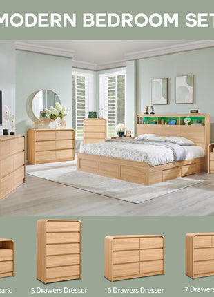 25-Inch Tall Modern Nightstand with Integrated Charging Station, 23.6-Inch Wide Wooden Bedside Table Featuring Two Storage Drawers, Spacious Mid-Century End Table for Bedroom and Living Room with Curved Profile Design in Natural Oak
