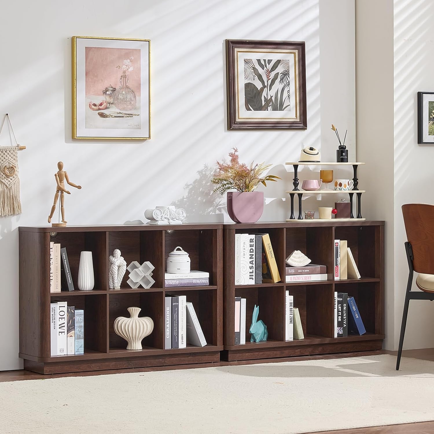 6 Cube Storage Bookcase, 40" Wide Low Horizontal Book Shelf with Curved Edge, Wood Floor Standing 2-Tier Bookshelf with Base, Farmhouse Short Book Case for Bedroom, Living Room, Office, Walnut