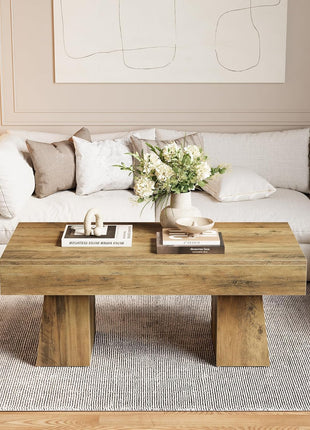 Farmhouse Rectangular Coffee Table - 47-Inch Wooden Accent Table with Sturdy Base for Modern Living Room (Rustic Brown)