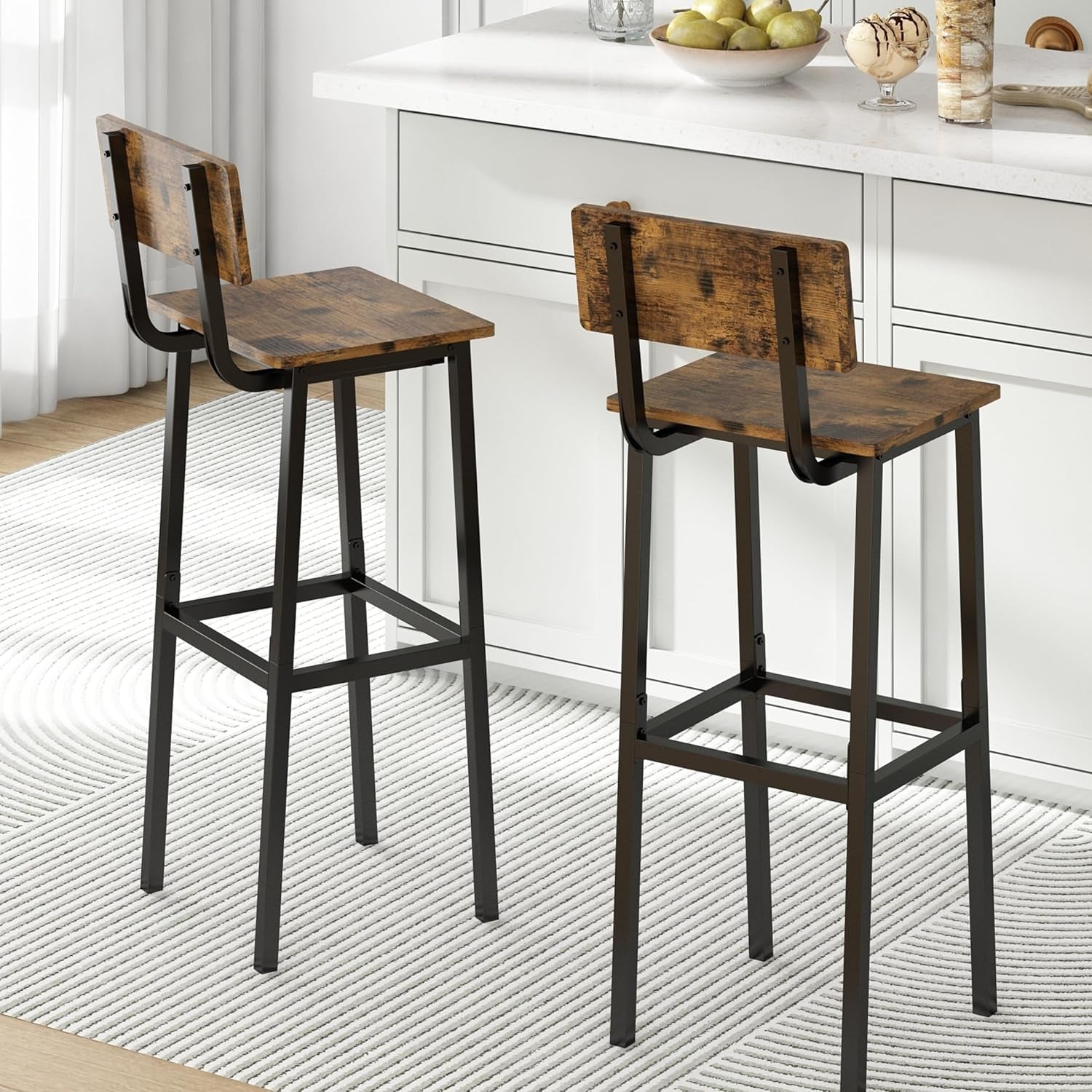Set of 2 Bar Stools, Tall Bar Stool with Backrest and Footrest, Tall Bar Chairs, Industrial Style Counter Height Bar Stool for Dining Room, Kitchen, Rustic Brown