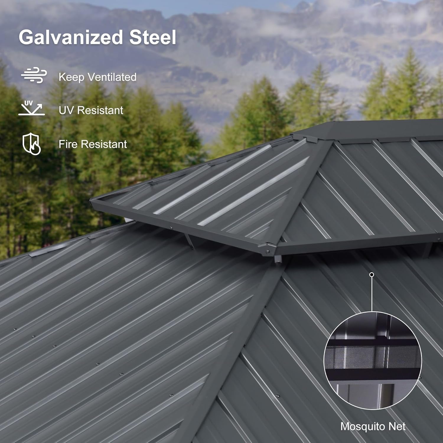 14' X 28' Outdoor Large Gazebo Permanent Hardtop Gazebo with Galvanized Steel Double Roof for Patio Lawn and Garden, Curtains and Netting Included Grey