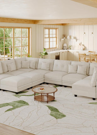 Modular Plush Corduroy U-Shaped Sectional Sofa - 10-Seater with 10 Throw Pillows, Versatile Configuration in Beige