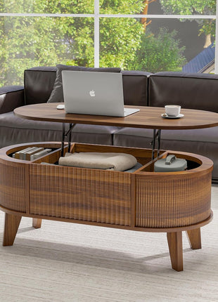Contemporary Oval Fluted Lift-Top Coffee Table with Storage for Living Room or Home Office in Walnut Finish