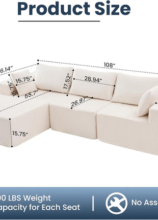 108" Modular Cloud Sectional Sofa with Left-Facing Chaise, Upholstered Deep Seat Sectional Couch for Living Room and Bedroom, No Assembly Required (Beige)