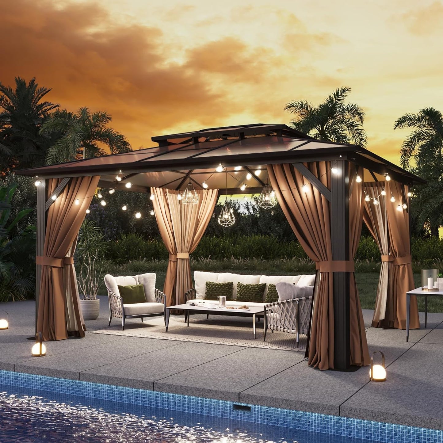 12'X10' Hardtop Gazebo, Aluminum Frame Permanent Pavilion with Curtains and Netting, Outdoor Polycarbonate Double Roof Canopy, Designed for Garden, Lawns, Patio, Brown