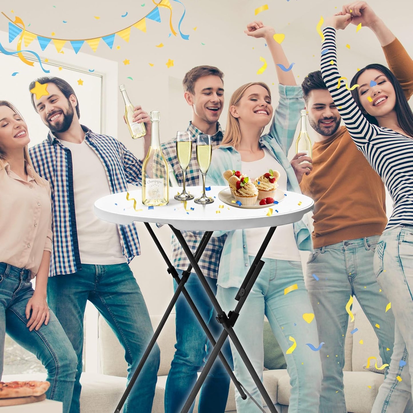 2Sets 32In Hightop Folding Cocktail Tables+Covers, White-Spandex Stretch Folding Bar Table Covers, Removable Legs Bar Height Folding Table Outdoor Indoor Use (2+2White/2Covers+2Tables)