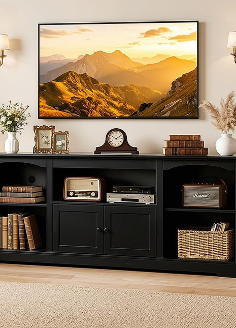 71-Inch Contemporary Farmhouse TV Stand for TVs up to 80 Inches with Arched Cabinet Doors and Adjustable Open Storage Shelves, Media Console Table for Living Room in Black