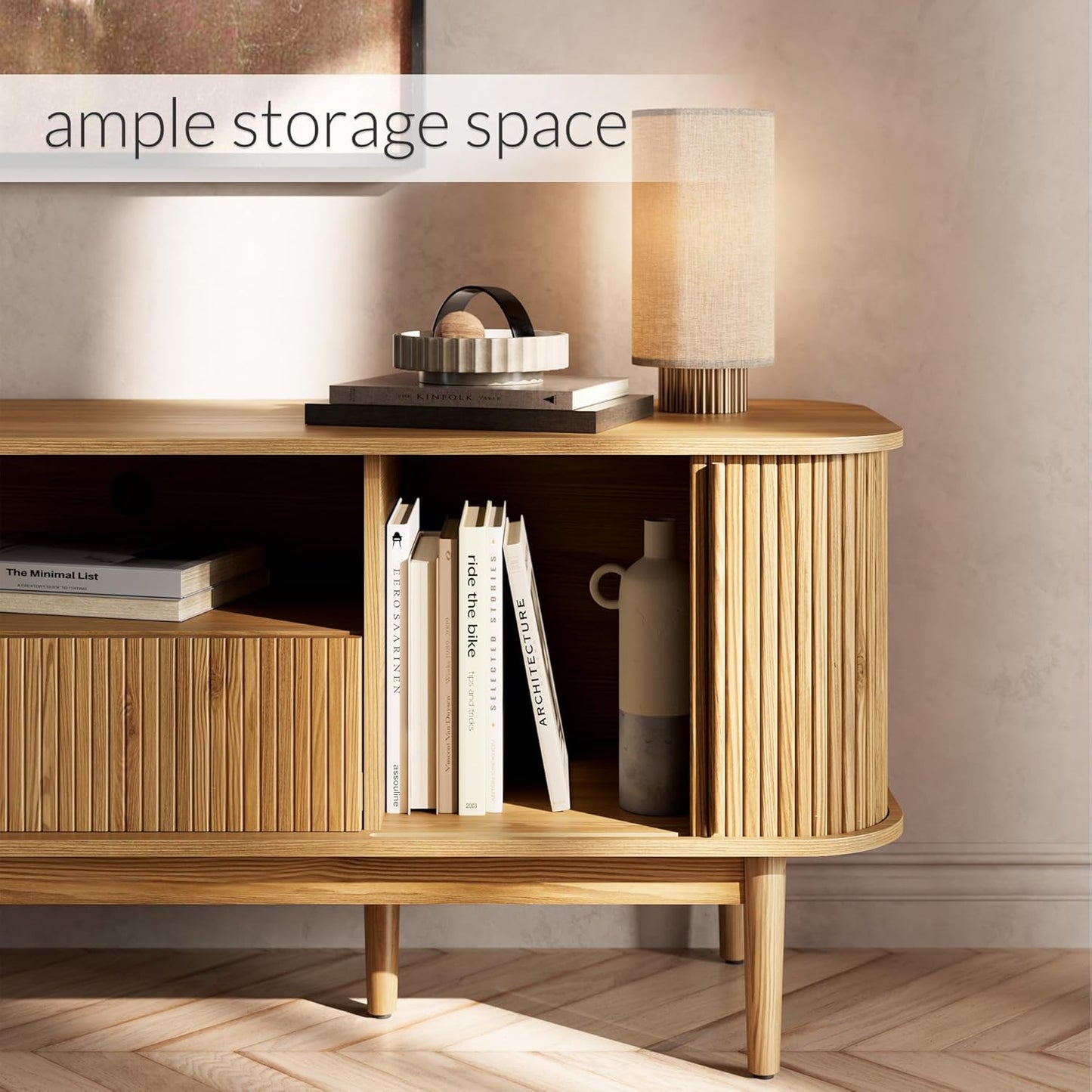 Modern TV Stand for 45/55/70 Inch TV, Entertainment Center with Sliding Doors and Storage, Wood TV Stand for Bedroom, Living Room, Natural